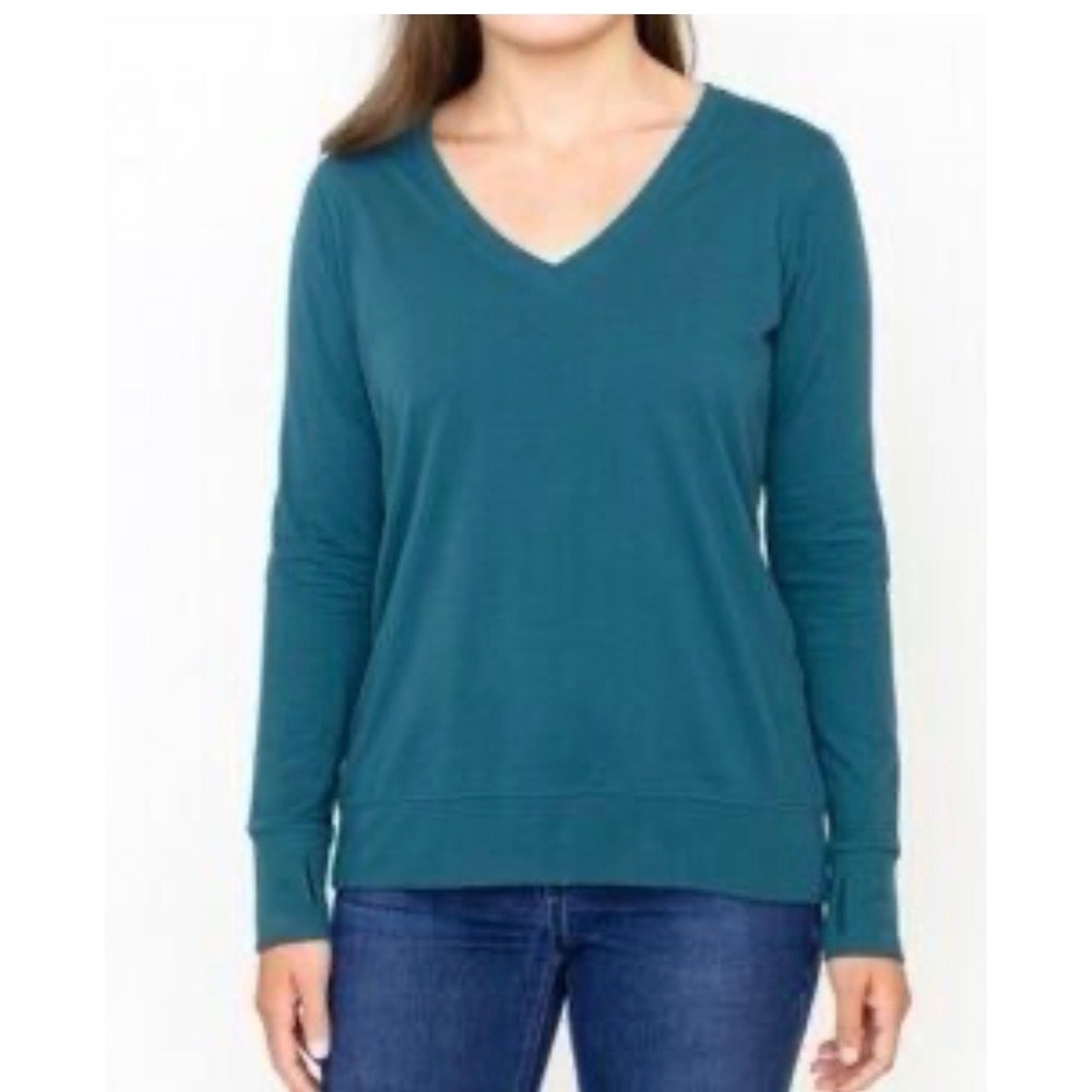 Athleta Women's Sunrise Teal‎ Blue V-Neck Long Sleeve Top Thumbholes Size Large